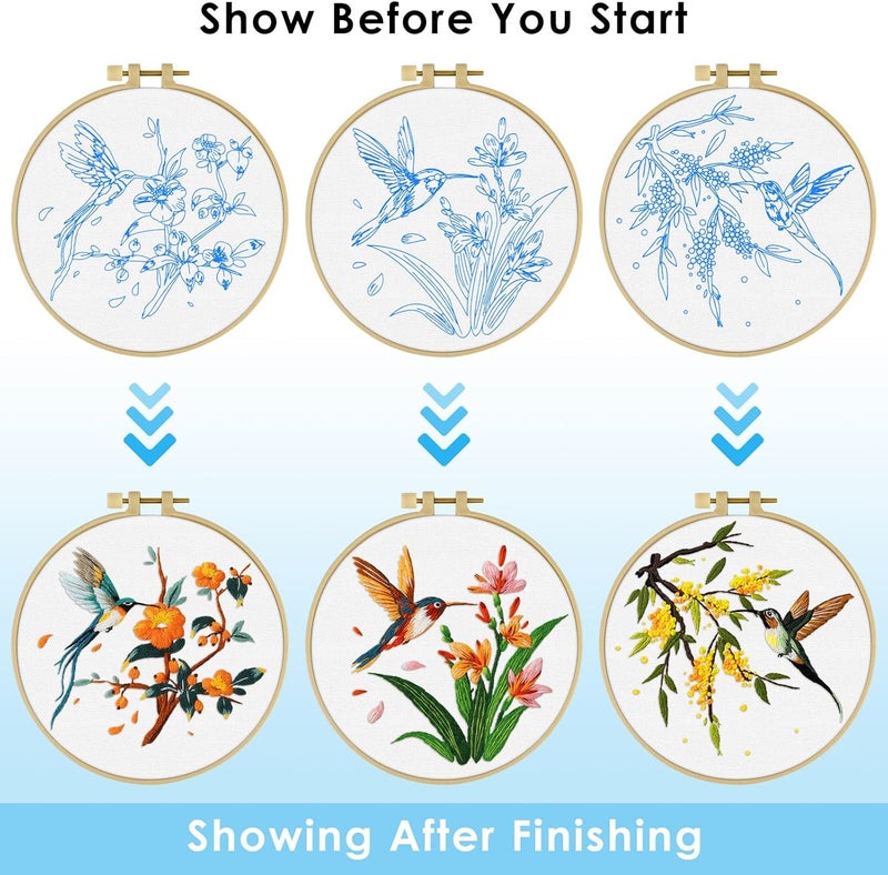 ERKOON 3 Sets Embroidery Kit, Hummingbird Cross Stitch Set for Include Embroidery Cloth Hoops Threads for Craft Lover Hand Stitch (Hummingbird) - Image 3